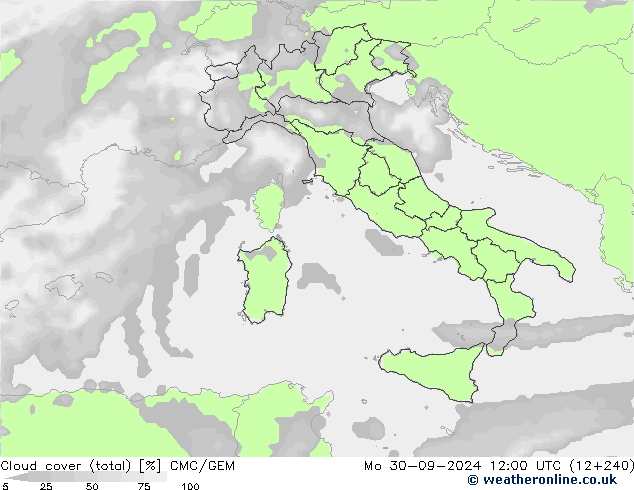 Cloud cover (total) CMC/GEM Po 30.09.2024 12 UTC