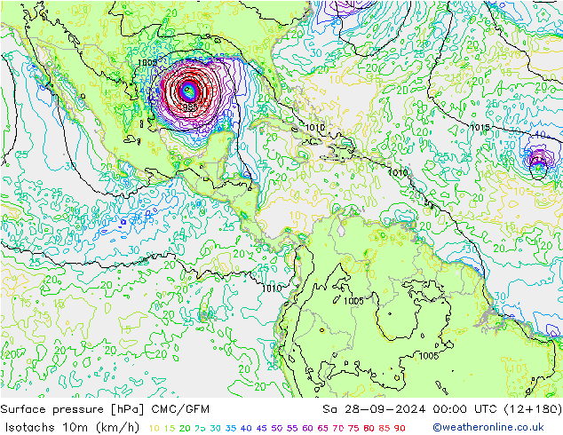 Isotachs (kph) CMC/GEM  28.09.2024 00 UTC