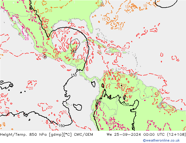 Geop./Temp. 850 hPa CMC/GEM mié 25.09.2024 00 UTC