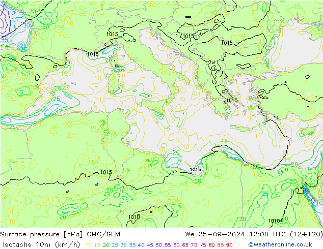 Isotachs (kph) CMC/GEM We 25.09.2024 12 UTC