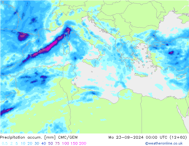 Precipitation accum. CMC/GEM pon. 23.09.2024 00 UTC