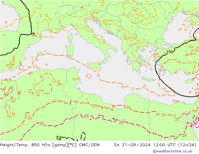 Géop./Temp. 850 hPa CMC/GEM sam 21.09.2024 12 UTC