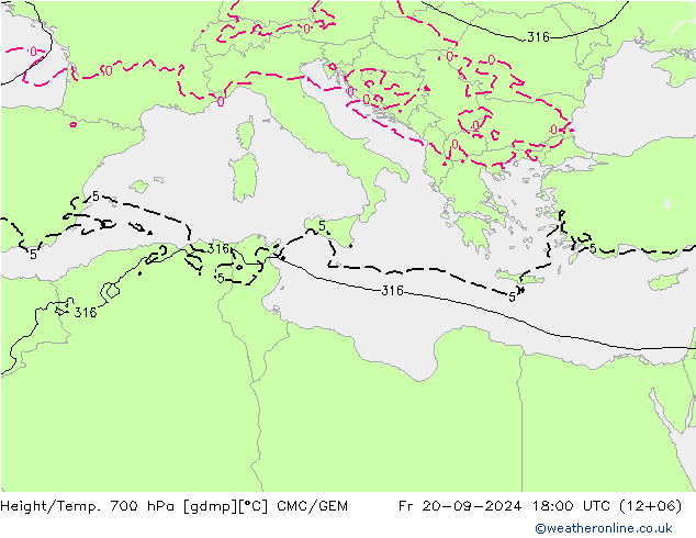 Height/Temp. 700 hPa CMC/GEM Fr 20.09.2024 18 UTC