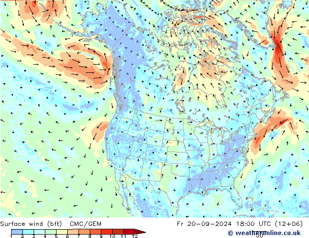 Surface wind (bft) CMC/GEM Fr 20.09.2024 18 UTC