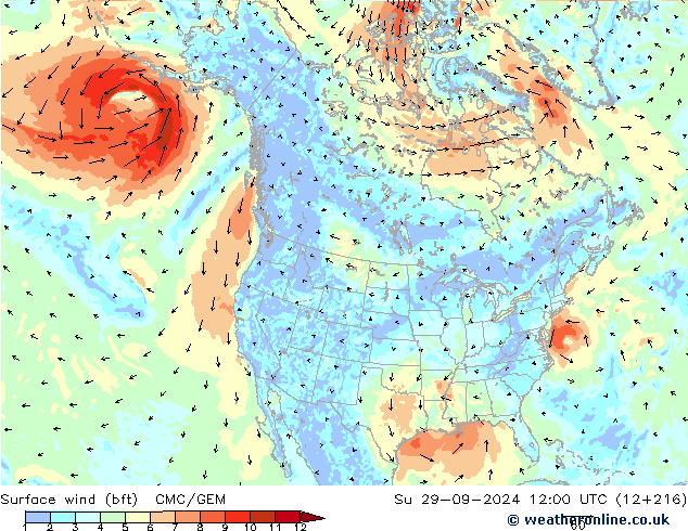 Surface wind (bft) CMC/GEM Su 29.09.2024 12 UTC