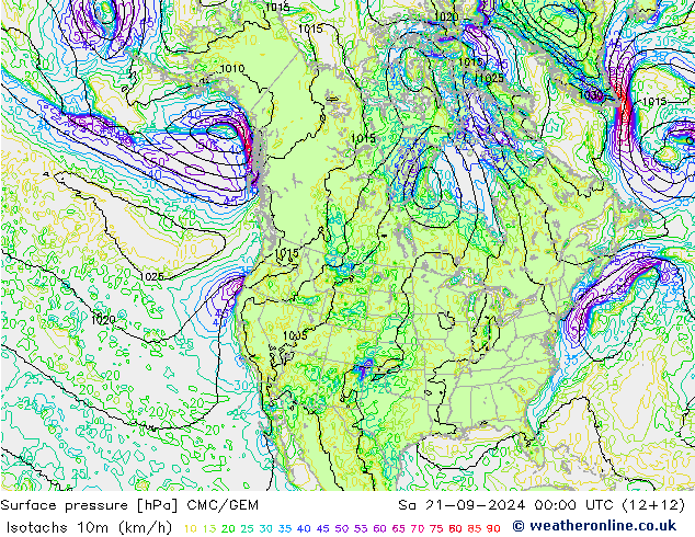 Isotachs (kph) CMC/GEM Sáb 21.09.2024 00 UTC