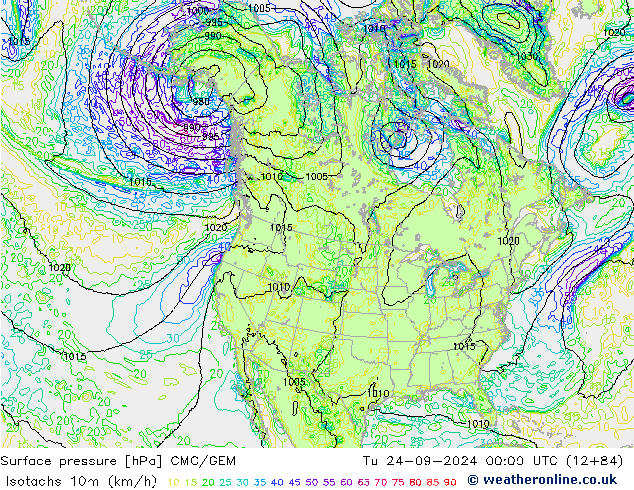 Isotachs (kph) CMC/GEM Út 24.09.2024 00 UTC