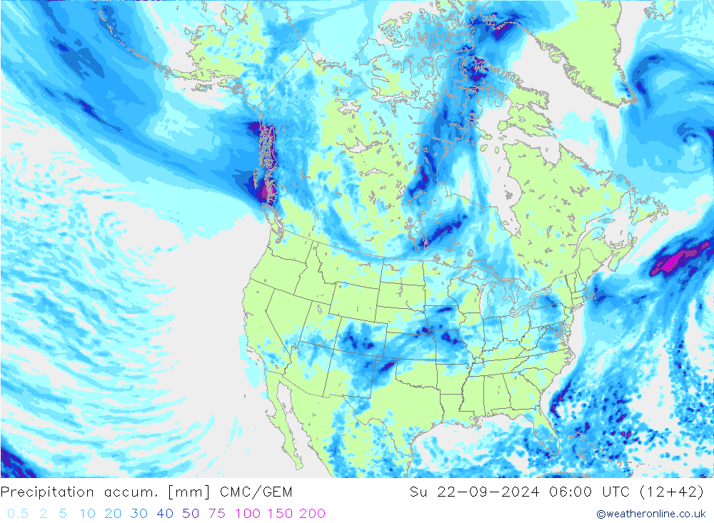 Precipitation accum. CMC/GEM nie. 22.09.2024 06 UTC