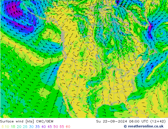 Vent 10 m CMC/GEM dim 22.09.2024 06 UTC