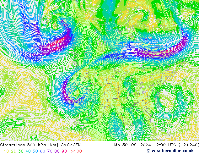 Linha de corrente 500 hPa CMC/GEM Seg 30.09.2024 12 UTC