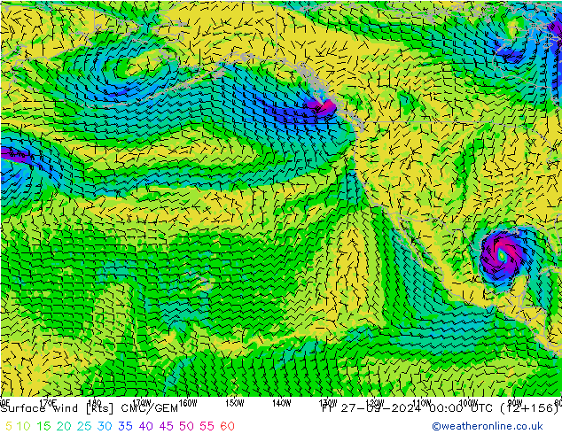 Surface wind CMC/GEM Fr 27.09.2024 00 UTC