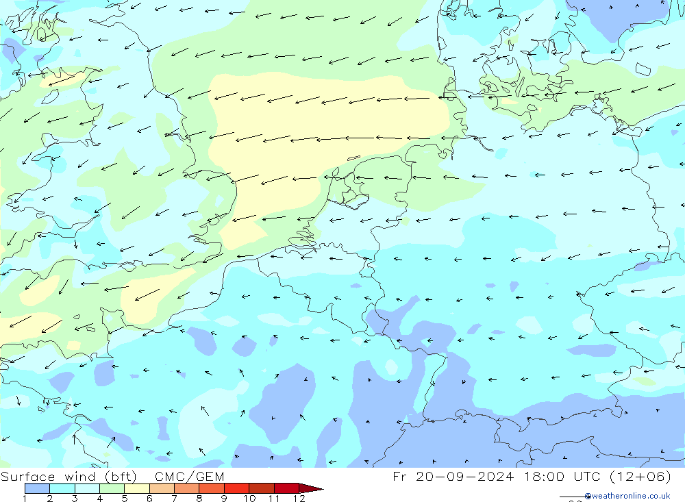 Surface wind (bft) CMC/GEM Fr 20.09.2024 18 UTC