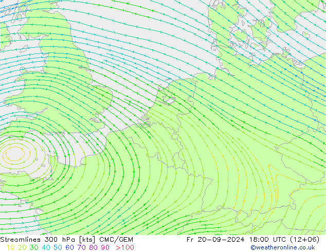 Streamlines 300 hPa CMC/GEM Pá 20.09.2024 18 UTC