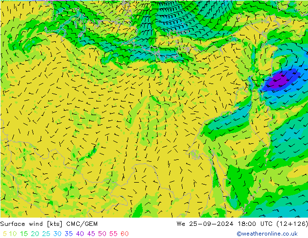 Rüzgar 10 m CMC/GEM Çar 25.09.2024 18 UTC