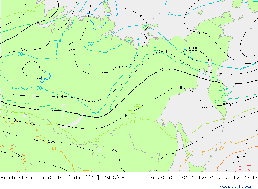 Yükseklik/Sıc. 500 hPa CMC/GEM Per 26.09.2024 12 UTC