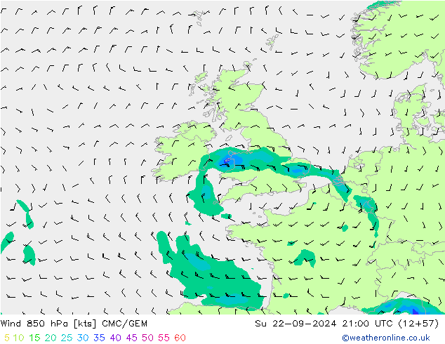 Rüzgar 850 hPa CMC/GEM Paz 22.09.2024 21 UTC