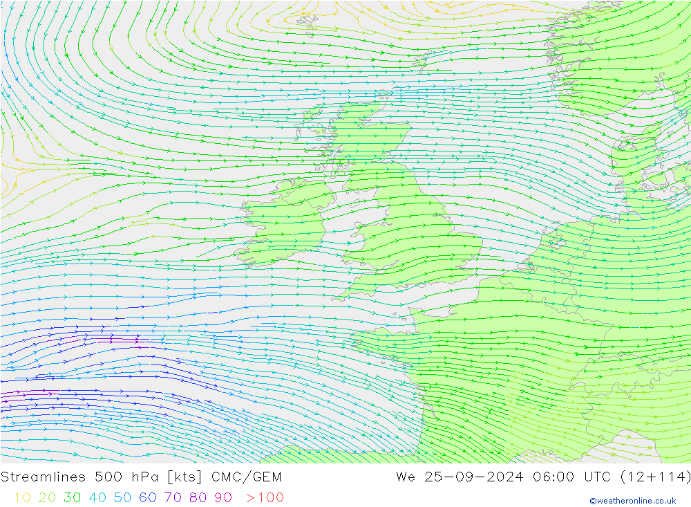 Linea di flusso 500 hPa CMC/GEM mer 25.09.2024 06 UTC