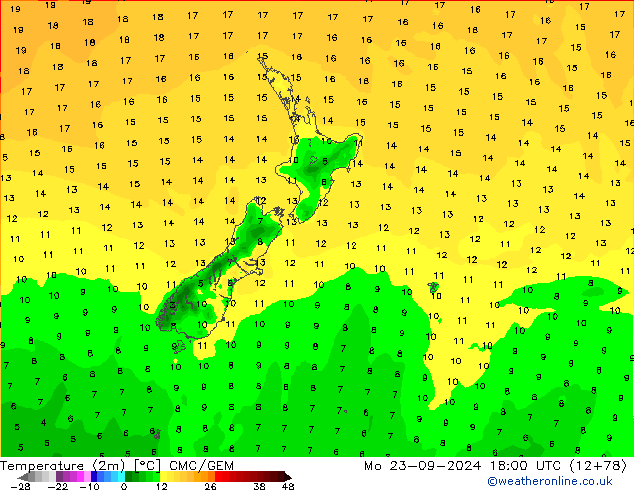 Temperatura (2m) CMC/GEM Seg 23.09.2024 18 UTC