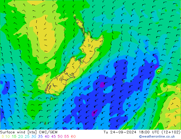 Viento 10 m CMC/GEM mar 24.09.2024 18 UTC