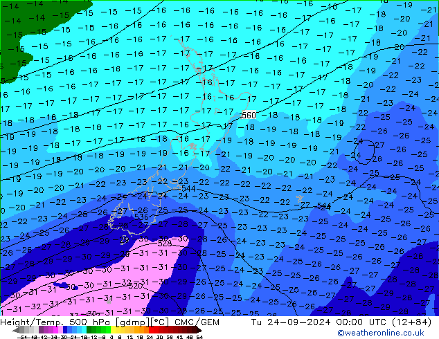 Height/Temp. 500 гПа CMC/GEM вт 24.09.2024 00 UTC