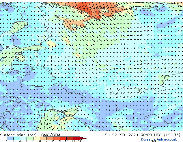 Wind 10 m (bft) CMC/GEM zo 22.09.2024 00 UTC