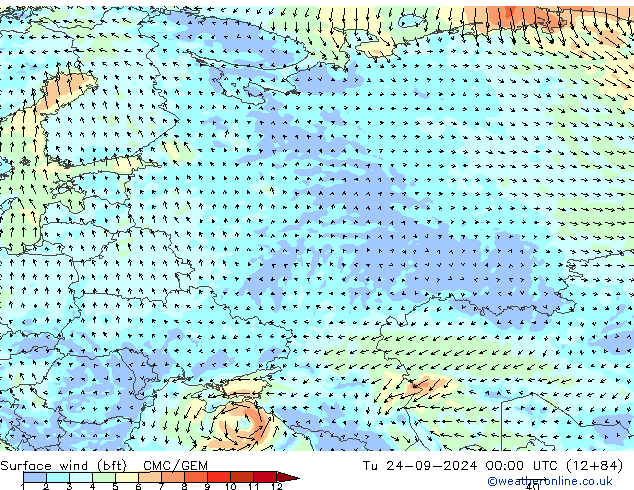 Bodenwind (bft) CMC/GEM Di 24.09.2024 00 UTC