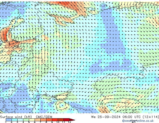 Wind 10 m (bft) CMC/GEM wo 25.09.2024 06 UTC