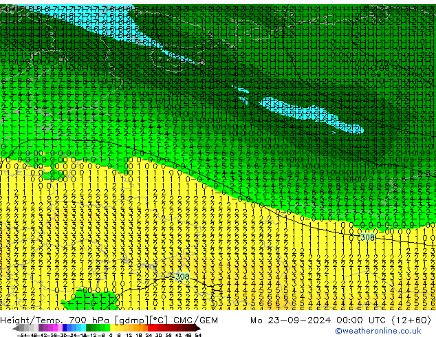 Height/Temp. 700 гПа CMC/GEM пн 23.09.2024 00 UTC