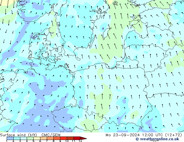 wiatr 10 m (bft) CMC/GEM pon. 23.09.2024 12 UTC