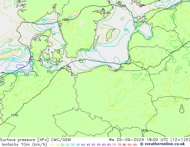 Isotachs (kph) CMC/GEM Qua 25.09.2024 18 UTC