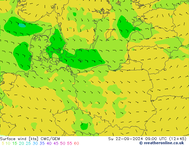 Viento 10 m CMC/GEM dom 22.09.2024 09 UTC