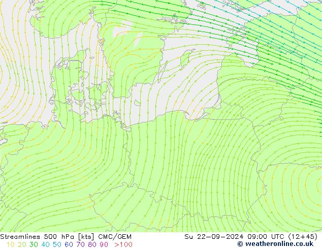 Rüzgar 500 hPa CMC/GEM Paz 22.09.2024 09 UTC