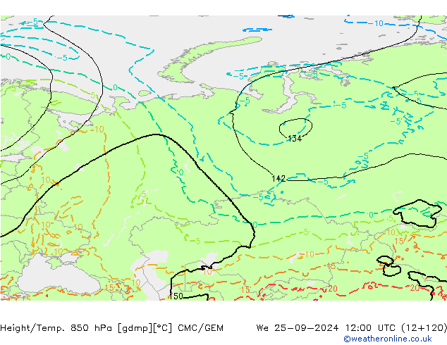 Géop./Temp. 850 hPa CMC/GEM mer 25.09.2024 12 UTC