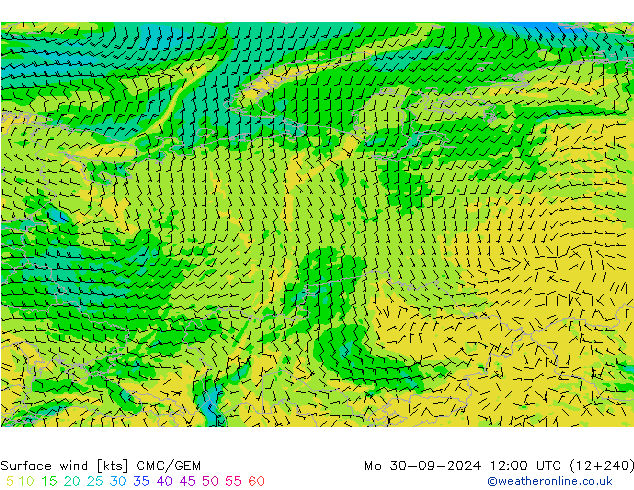 Vento 10 m CMC/GEM Seg 30.09.2024 12 UTC