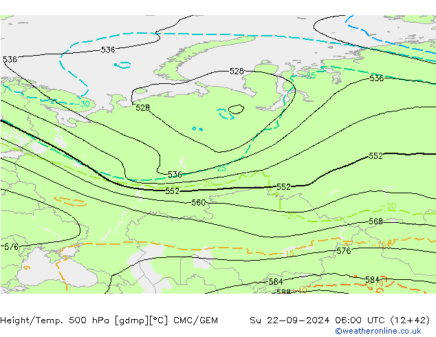 Height/Temp. 500 гПа CMC/GEM Вс 22.09.2024 06 UTC