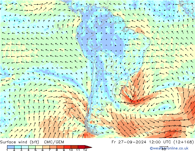 Vent 10 m (bft) CMC/GEM ven 27.09.2024 12 UTC