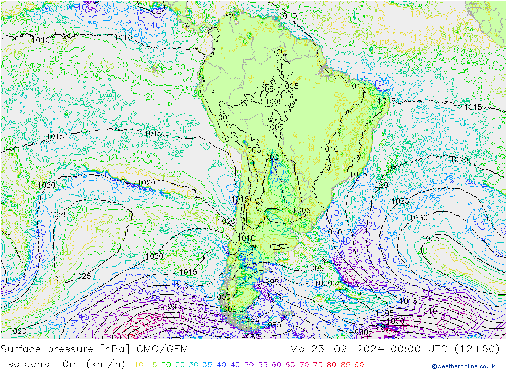 Isotachen (km/h) CMC/GEM Mo 23.09.2024 00 UTC