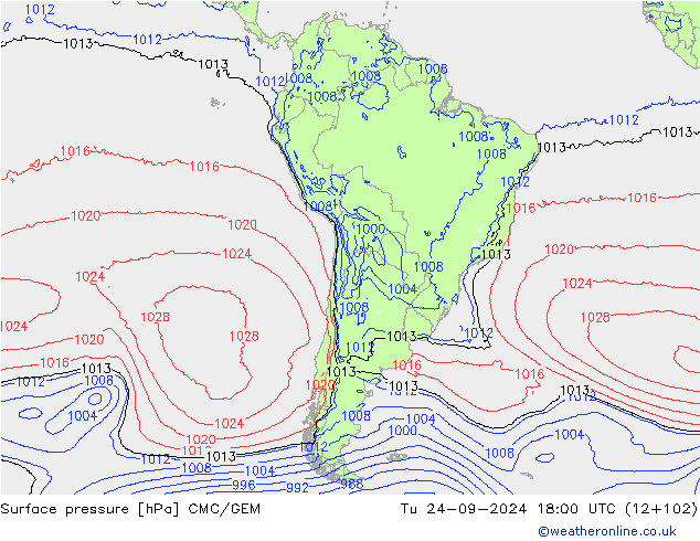 Atmosférický tlak CMC/GEM Út 24.09.2024 18 UTC