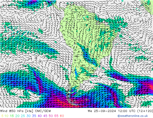 Wind 850 hPa CMC/GEM We 25.09.2024 12 UTC