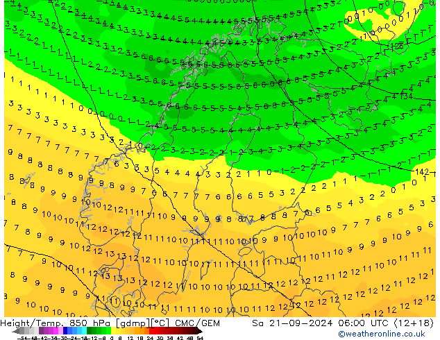 Height/Temp. 850 гПа CMC/GEM сб 21.09.2024 06 UTC