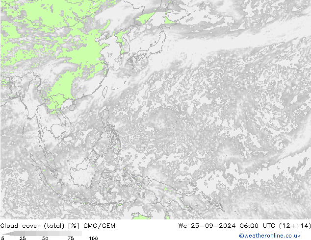 Cloud cover (total) CMC/GEM We 25.09.2024 06 UTC