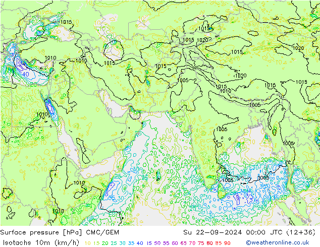 Isotachs (kph) CMC/GEM  22.09.2024 00 UTC