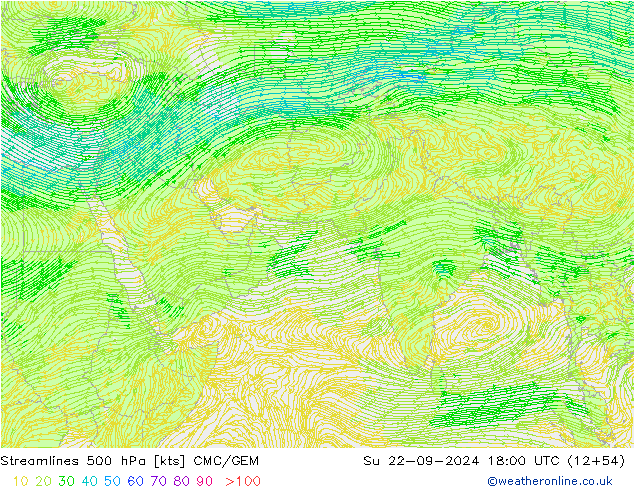 Streamlines 500 hPa CMC/GEM Su 22.09.2024 18 UTC