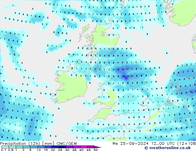 Precipitation (12h) CMC/GEM We 25.09.2024 00 UTC