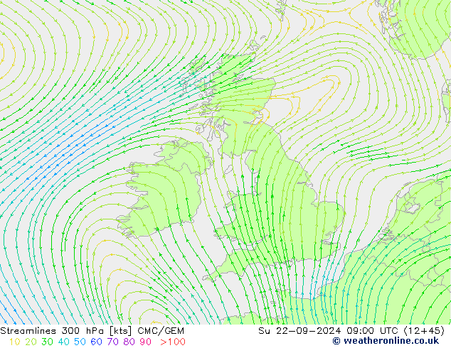 ветер 300 гПа CMC/GEM Вс 22.09.2024 09 UTC