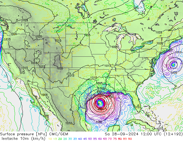 Isotachs (kph) CMC/GEM Sa 28.09.2024 12 UTC