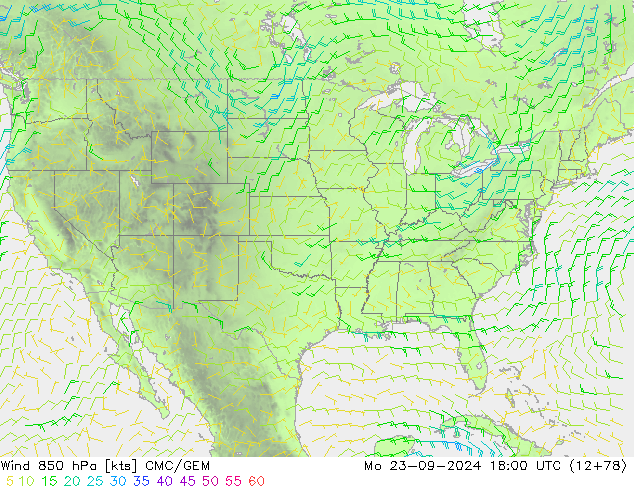 wiatr 850 hPa CMC/GEM pon. 23.09.2024 18 UTC