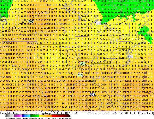 Height/Temp. 700 hPa CMC/GEM  25.09.2024 12 UTC