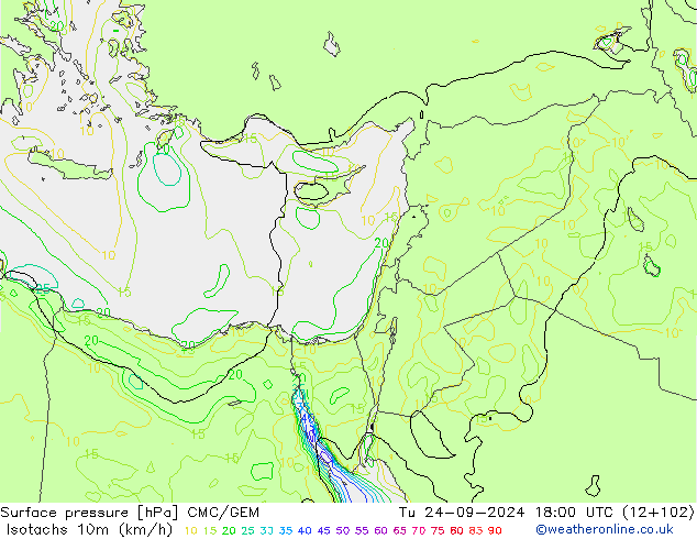 Isotachs (kph) CMC/GEM вт 24.09.2024 18 UTC