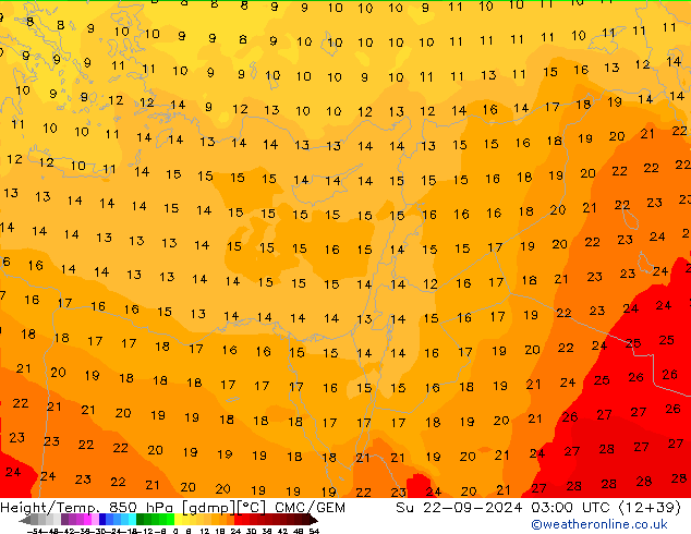 Height/Temp. 850 гПа CMC/GEM Вс 22.09.2024 03 UTC